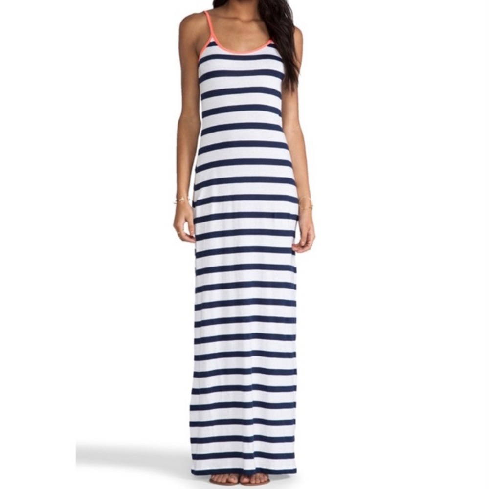 BOBI Jersey Blue and White Stripe Maxi Tank Dress with Coral Trim. Size M. NWT.